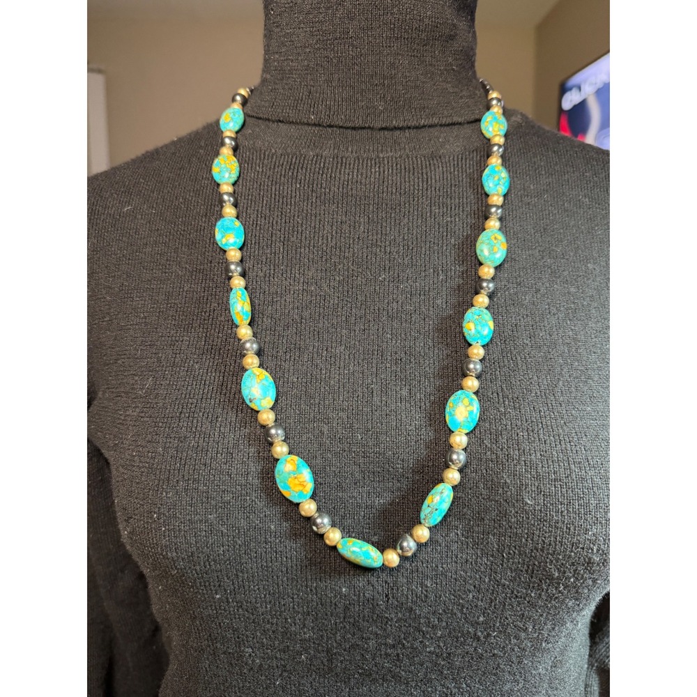 Simulated Turquoise Hermatite Beaded Necklace Southwestern Blue Silver Tone 27"